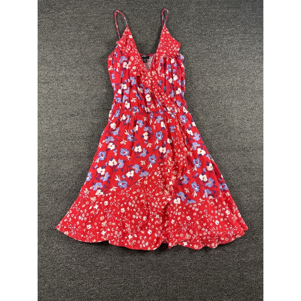 Express Womens XS Wrap‎ Dress Spaghetti Strap Mini Sundress Red Floral Short
